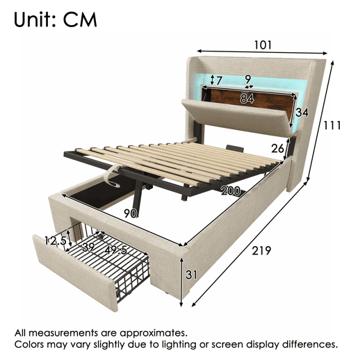 Cama estofada 90x200 cm - armazenamento hidráulico, cabeceira com LED e USB - Bege