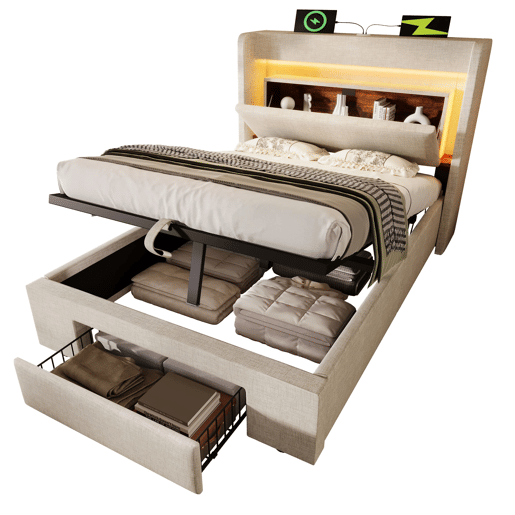 Cama estofada 90x200 cm - armazenamento hidráulico, cabeceira com LED e USB - Bege
