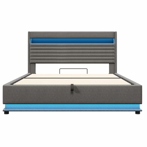 Cama estofada 180x200 cm - com carregamento USB Tipo C, iluminação LED, armazenamento hidráulico, compartimento Flip-Top, controlo por botãoaplicação, sem colchão - cinzento