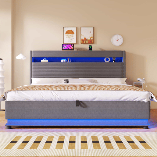 Cama estofada 180x200 cm - com carregamento USB Tipo C, iluminação LED, armazenamento hidráulico, compartimento Flip-Top, controlo por botãoaplicação, sem colchão - cinzento