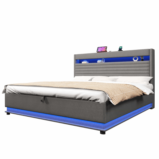 Cama estofada 180x200 cm - com carregamento USB Tipo C, iluminação LED, armazenamento hidráulico, compartimento Flip-Top, controlo por botãoaplicação, sem colchão - cinzento