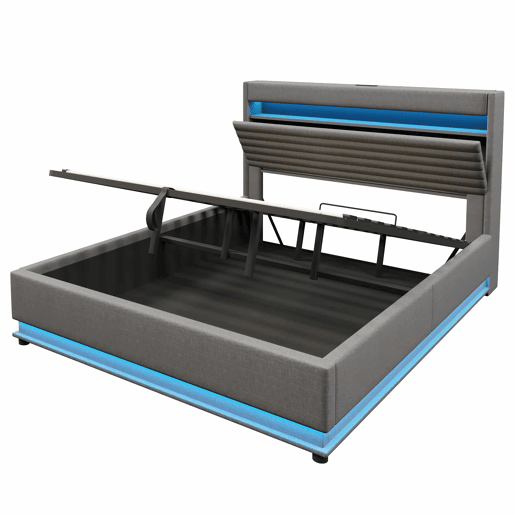 Cama estofada 180x200 cm - com carregamento USB Tipo C, iluminação LED, armazenamento hidráulico, compartimento Flip-Top, controlo por botãoaplicação, sem colchão - cinzento
