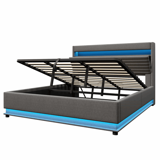 Cama estofada 180x200 cm - com carregamento USB Tipo C, iluminação LED, armazenamento hidráulico, compartimento Flip-Top, controlo por botãoaplicação, sem colchão - cinzento