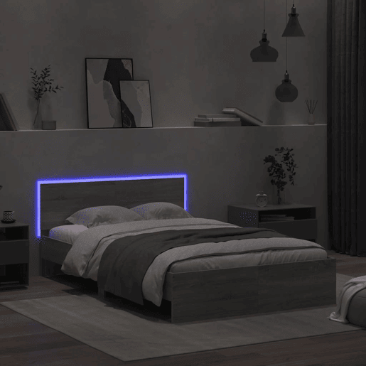 Estrutura de cama de casal c cabeceiraluzes LED - 135x190cm cinzento sonoma