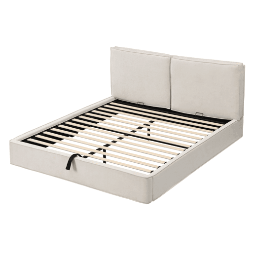 Cama estofada 180x200 - hidráulica, com estrado e cabeceira acolchoada - bege chenille