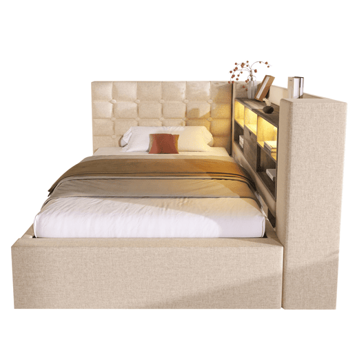Cama individual 90x190 - Estofada com LED, armazenamento hidráulico, cabeceira L, bege