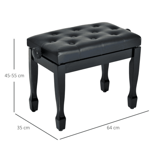 HOMCOM Banco de Piano Altura Ajustável Banco com Assento de Couro Sintético Pernas em Madeira Carga Máxima de 200 kg 64x35x55 cm,Preto
