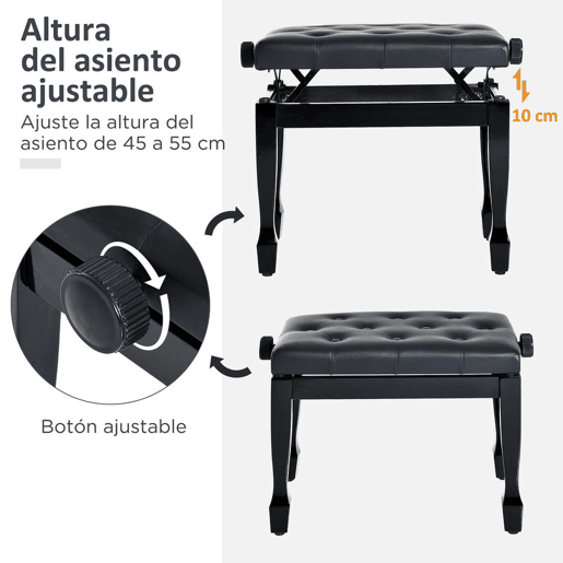 HOMCOM Banco de Piano Altura Ajustável Banco com Assento de Couro Sintético Pernas em Madeira Carga Máxima de 200 kg 64x35x55 cm,Preto