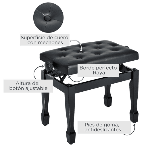 HOMCOM Banco de Piano Altura Ajustável Banco com Assento de Couro Sintético Pernas em Madeira Carga Máxima de 200 kg 64x35x55 cm,Preto