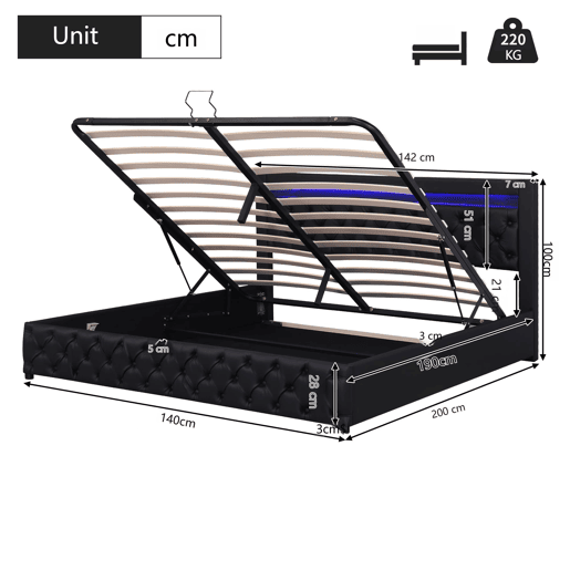 Cama estofada 140x190 cm - com armazenamento hidráulico e LED - preto