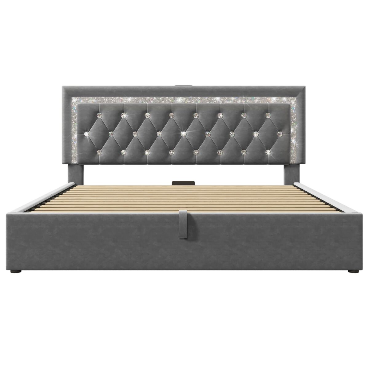 Cama tapizada 160x200 cm - led en cabecero, usb & type-c, almacenaje hidráulico - gris
