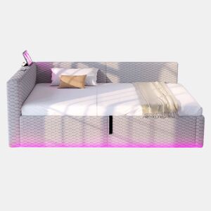 Cama estofada 90 x 200 cm - iluminação LED, cabeceira em L, duas portas USB (USB-C), tecido de veludo, base hidráulica - cinzenta