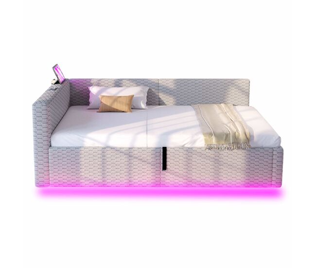 Cama tapizada 90x200 cm - iluminación led, cabecero en l, dos puertos usb (usb-c), tejido de terciopelo, somier hidráulico - gris