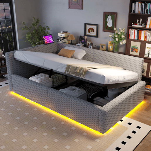 Cama estofada 90 x 200 cm - iluminação LED, cabeceira em L, duas portas USB (USB-C), tecido de veludo, base hidráulica - cinzenta