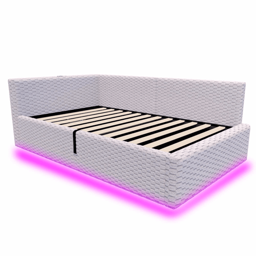 Cama estofada 90 x 200 cm - iluminação LED, cabeceira em L, duas portas USB (USB-C), tecido de veludo, base hidráulica - cinzenta