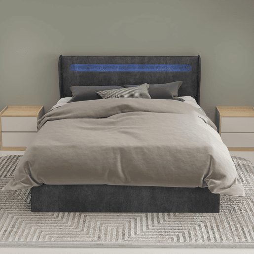 Cama estofada 140x200 - Cabeceira LED, base alta com arrumação e elevador, cinzenta