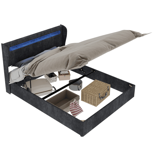 Cama estofada 140x200 - Cabeceira LED, base alta com arrumação e elevador, cinzenta
