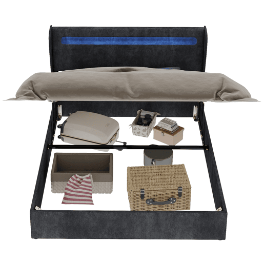 Cama estofada 140x200 - Cabeceira LED, base alta com arrumação e elevador, cinzenta