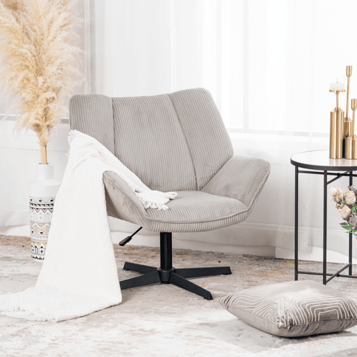 Poltrona De Escritório Ou Sala Giratória Estofada Em Tecido De Veludo Canelado Taupe Com Base Metálica Preta Altura Ajustável Estilo Escandinavo Ideal Para Ambientes Modernos