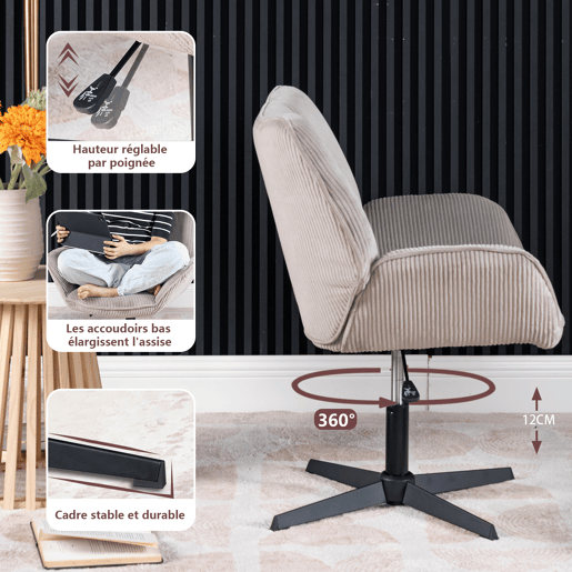 Poltrona De Escritório Ou Sala Giratória Estofada Em Tecido De Veludo Canelado Taupe Com Base Metálica Preta Altura Ajustável Estilo Escandinavo Ideal Para Ambientes Modernos