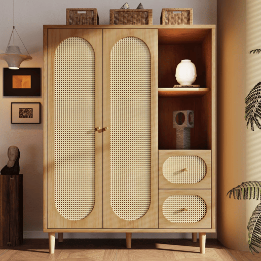 Armário de estilo rústico 161 x 120 x 44 cm - 2 portas, 2 gavetas, prateleiras abertas, varão para roupa - Carvalho