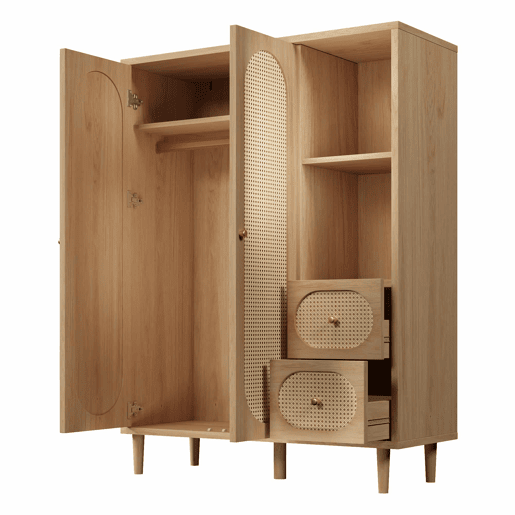 Armário de estilo rústico 161 x 120 x 44 cm - 2 portas, 2 gavetas, prateleiras abertas, varão para roupa - Carvalho