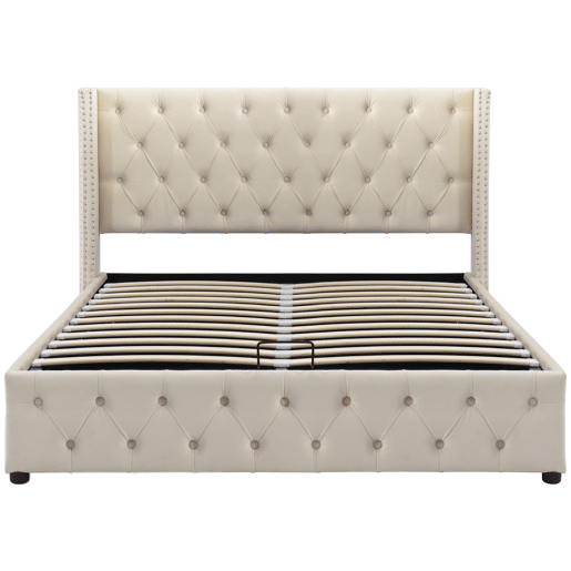 Cama de arrumação em veludo com base de ripas 140x190 cm - bege