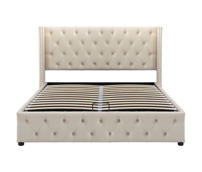 Cama contenedor de terciopelo con somier de láminas 140x190 cm - beige