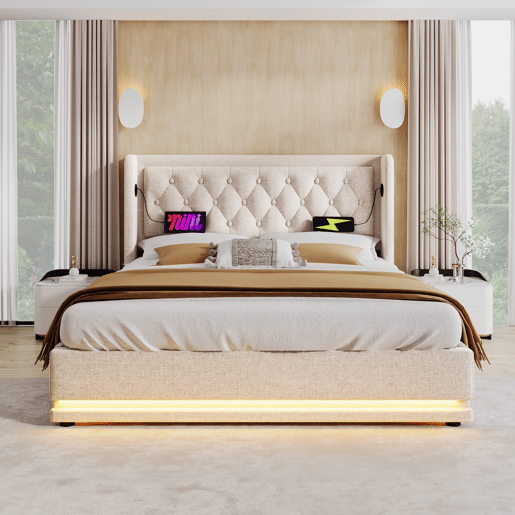 Cama contentora estofada de 140 x 200 cm em tecido de algodão - com função de carga e LED ao pé da cama - Bege