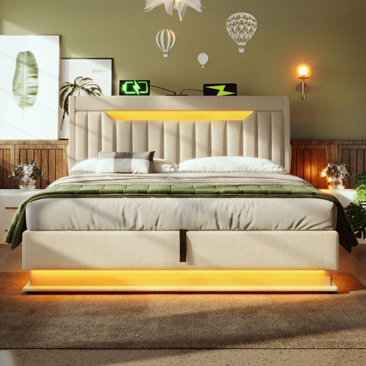 Cama estofada 140x200 cm - Cabeceira com arrumação, portas USB e Tipo-C, iluminação LED, com arrumação hidráulica - Bege