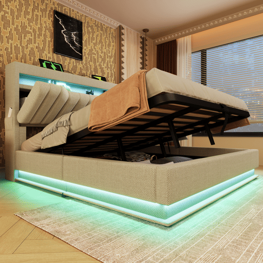 Cama estofada 140x200 cm - Cabeceira com arrumação, portas USB e Tipo-C, iluminação LED, com arrumação hidráulica - Bege