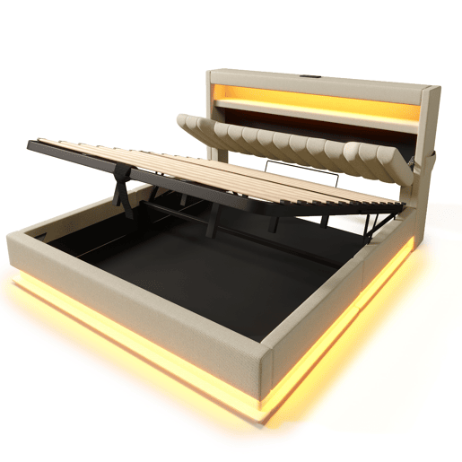 Cama estofada 140x200 cm - Cabeceira com arrumação, portas USB e Tipo-C, iluminação LED, com arrumação hidráulica - Bege