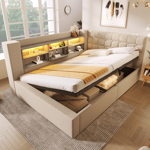 Cama de casal 140x190 - LED, canapé hidráulico e cabeceira com arrumação - bege