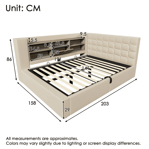 Cama de casal 140x190 - LED, canapé hidráulico e cabeceira com arrumação - bege