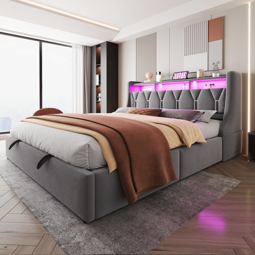Cama estofada 180 x 200 cm - Cama com arrumação hidráulica, cabeceira rebatível com arrumação, tomada, LED - Cinza