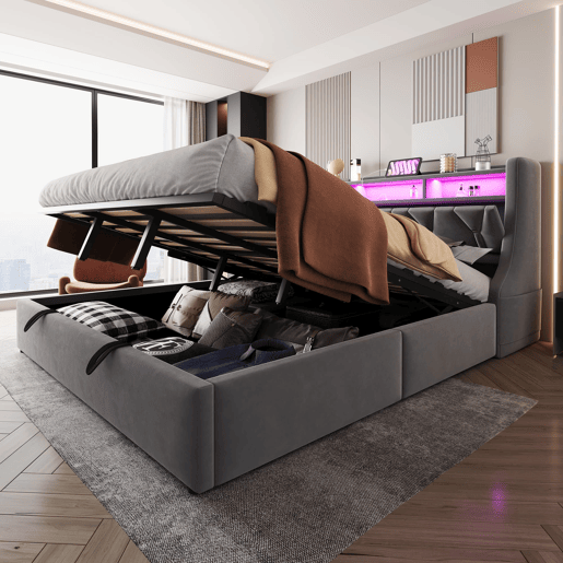 Cama estofada 180 x 200 cm - Cama com arrumação hidráulica, cabeceira rebatível com arrumação, tomada, LED - Cinza