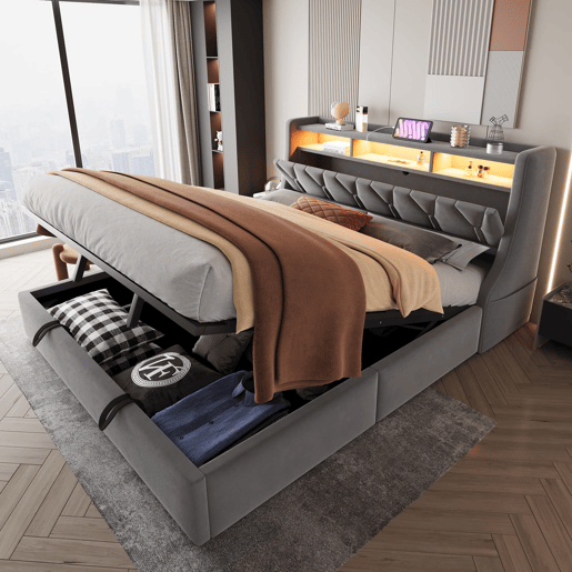 Cama estofada 180 x 200 cm - Cama com arrumação hidráulica, cabeceira rebatível com arrumação, tomada, LED - Cinza