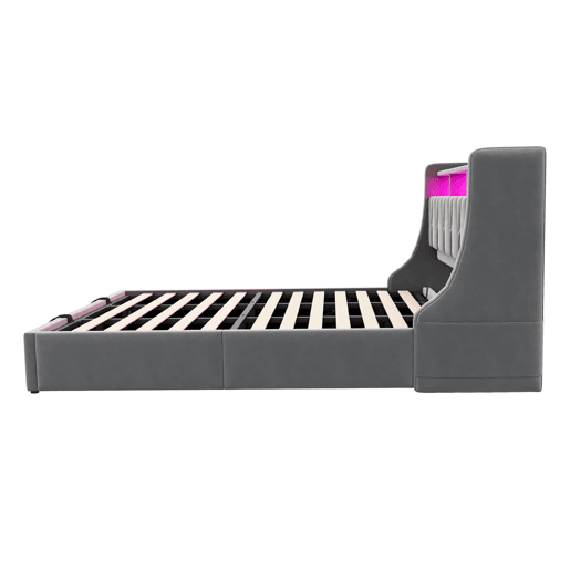 Cama estofada 180 x 200 cm - Cama com arrumação hidráulica, cabeceira rebatível com arrumação, tomada, LED - Cinza