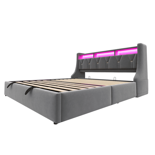 Cama estofada 180 x 200 cm - Cama com arrumação hidráulica, cabeceira rebatível com arrumação, tomada, LED - Cinza