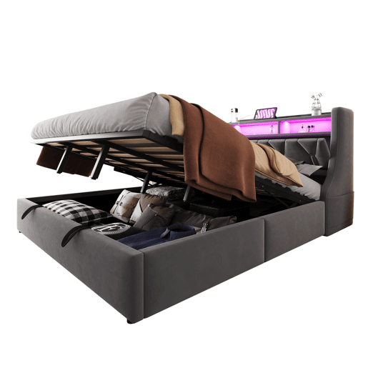 Cama estofada 180 x 200 cm - Cama com arrumação hidráulica, cabeceira rebatível com arrumação, tomada, LED - Cinza