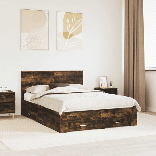 Estrutura de cama de casal com cabeceira - Carvalho Defumado 135 x 190 cm