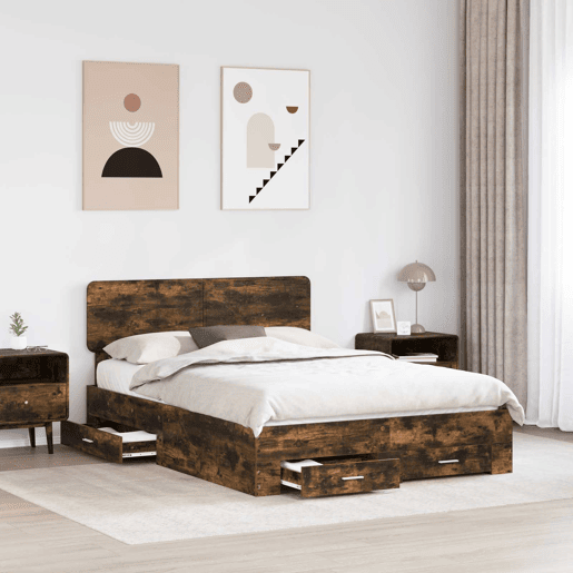 Estrutura de cama de casal com cabeceira - Carvalho Defumado 140 x 190 cm