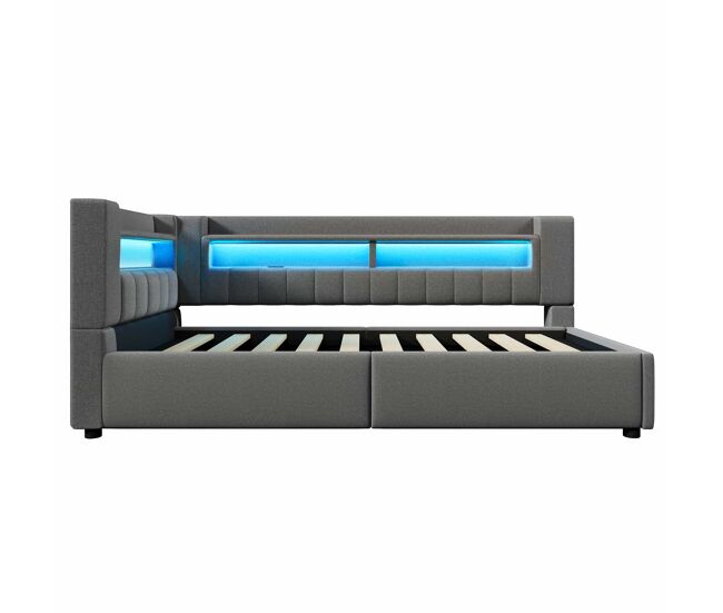 Cama individual 90 x 200 cm - almacenamiento hidráulico, usb tipo-c, led, sofá cama, minimalista, sin colchón - gris