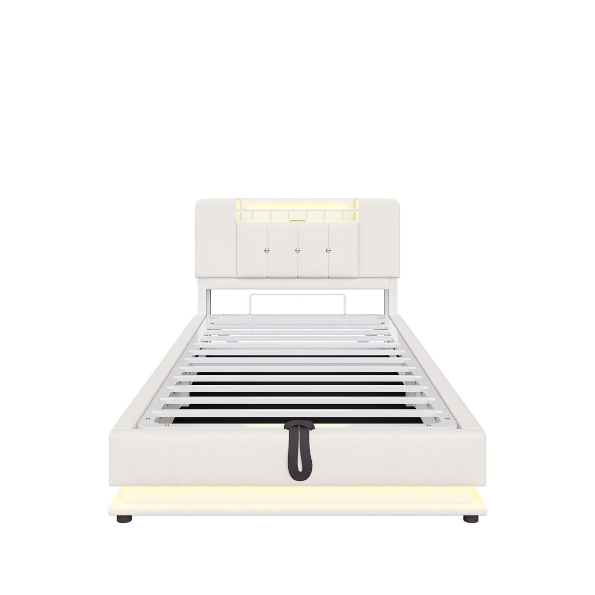 Cama juvenil 90x200 cm - con iluminación led, puerto usb, almacenamiento hidráulico, tapizado de terciopelo, estructura metálica - beige