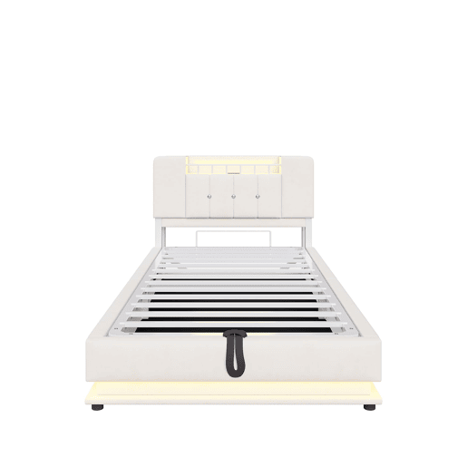 Cama juvenil 90x200 cm - com iluminação LED, porta USB, armazenamento hidráulico, estofamento de veludo, estrutura metálica - Bege