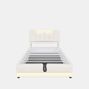 Cama juvenil 90x200 cm - com iluminação LED, porta USB, armazenamento hidráulico, estofamento de veludo, estrutura metálica - Bege