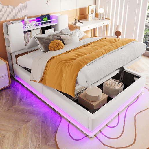 Cama juvenil 90x200 cm - com iluminação LED, porta USB, armazenamento hidráulico, estofamento de veludo, estrutura metálica - Bege