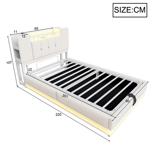 Cama juvenil 90x200 cm - com iluminação LED, porta USB, armazenamento hidráulico, estofamento de veludo, estrutura metálica - Bege