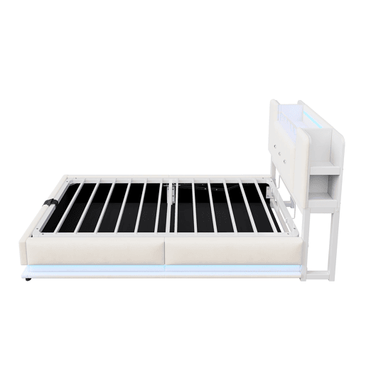 Cama juvenil 90x200 cm - com iluminação LED, porta USB, armazenamento hidráulico, estofamento de veludo, estrutura metálica - Bege