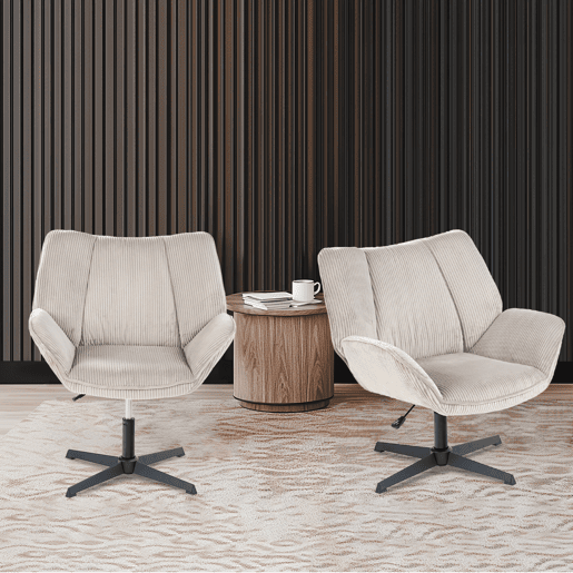 Conjunto 4 Poltronas De Escritório Ou Sala Giratória Estofada Em Tecido De Veludo Canelado Taupe Com Base Metálica Preta Altura Ajustável Estilo Escandinavo Ideal Para Ambientes Modernos